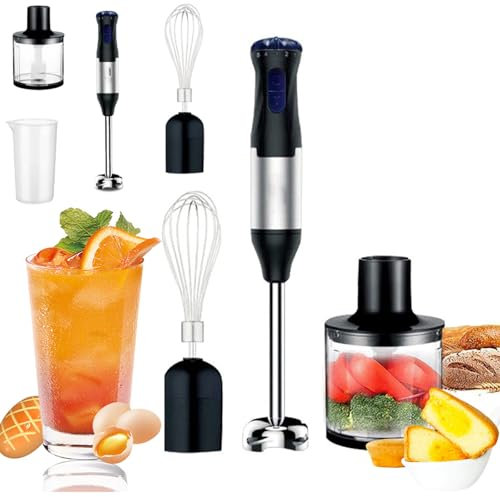 Batidora de Mano 4 en 1, batidora eléctrica de inmersión de 1000 W con batidor de Huevos, picadora de Carne de 500 ml y Vasos de molienda de 700 ml,batidora de Mano de Acero Inoxidable Ajustable de 5