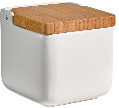 Solty - Salero de Cocina cerámico con Tapa de Bambú - Salero y azucarero Cerámica Blanca - Diseño Moderno - Almacenamiento de Sal y Especias - Medidas 10 x 10 x 10 cm - Fácil de Limpiar