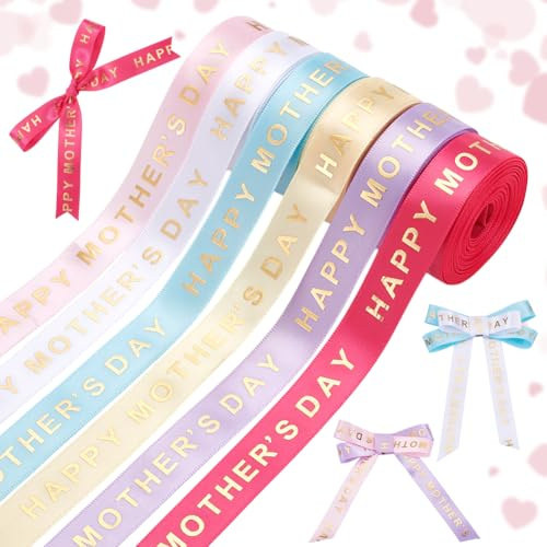 PH PandaHall 6 rullar glad mors dag band mamma band 5/8 tum polyester grosgrain hantverk band dekorativt band med guldstämpling ord för presentinslagning blombukett festdekoration, 30 meter