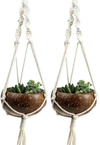 JMS we create smile Coconut Wooden Round Hanging Planters with Macrame Hangers - Indoor/Outdoor Plant Pots - Boho Decor Nursery Pot for Garden Plants, Herbs, Flowers