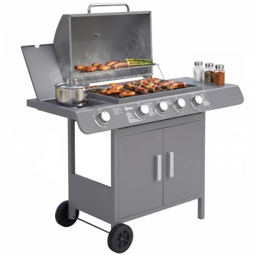 Outsunny 4+1 Burner Gas BBQ Grill, Outdoor Barbecue Trolley with Wheels, Warming Rack, Side Shelves, Cabinet, Thermometer for Garden, Party, Camping, 125L x 51W x 100Hcm, Grey