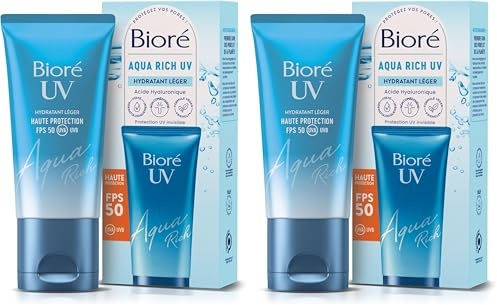 Biore Aqua Rich UV FPS50 - Haute Protection UV au Quotidien & Hydratation - Crème solaire visage - Acide hyaluronique - Texture non grasse et invisible - Tous types de peaux et carnations (Lot de 2)