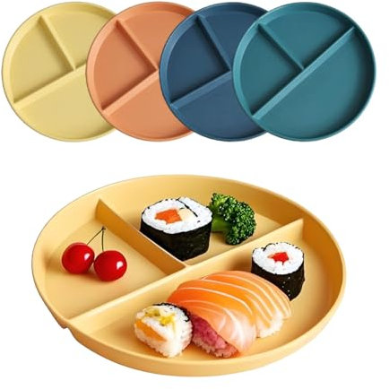 Lot de 4 assiettes à dîner divisées de 22,9 cm – Réutilisables et incassables pour adultes et enfants | Passent au micro-ondes et au lave-vaisselle, design de plat profond pour pique-niques et régimes