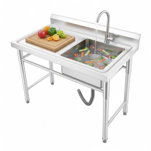 MINRS Freistehende Edelstahl Spültisch Gastro 100x60x93cm 1 Becken Mobiles Gewerbliche Waschbecken Freistehende Küchen Utility Waschbecken mit Workbench & Wasserhahn für Außen, Innen