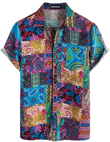PARKLEES Men's Linen 70s Hippie Style Floral Print Shirt Short Sleeve Button Down Hawaiian Shirts Blue Pink Large