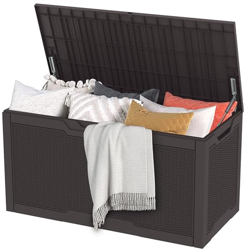 DWVO Gartenbox Auflagenbox Aufbewahrungsbox Kissenbox Outdoor Gartentruhe|Moderne Rattan|Wasserdicht Gasdruckfeder|Für Sitzauflagen Gartengeräte & Kinderspielzeug|380 Liter 115.4x55x58.3cm|Dunkelbraun