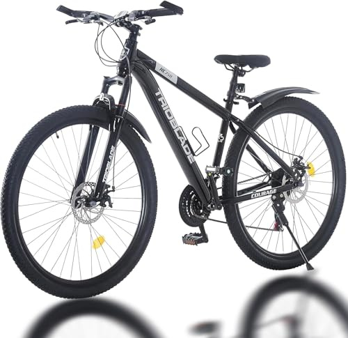 LSBIKE 24 26 27.5 29Inch Mountain Bike 21 Speed Drivetrain Hardtail Bicycle Mens Women Mountain Bike With Shock Lightweight Sport Cycling Bike for Adult with Mudguard MTB Bicycle (Black, 27.5inch)