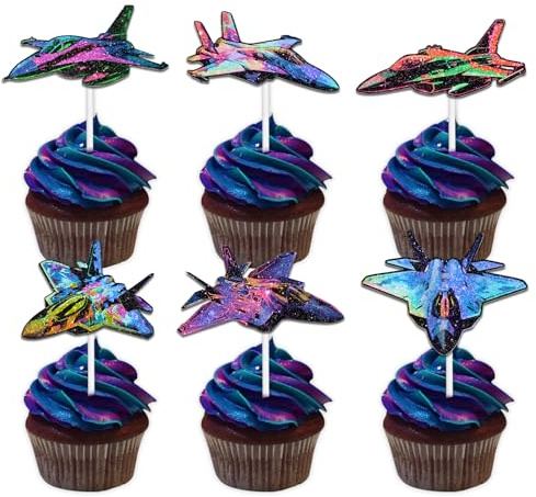 18pcs Glitter Colorful Fighter Plane Dessert Cupcake Topper Airplane Aviation Flying Aircraft Decoration Happy Birthday Party Theme Decor Favour Supplies Set