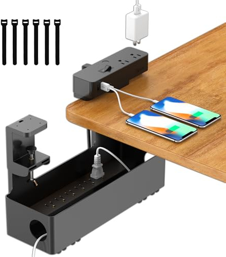 Hiree Under Desk Cable Management Tray with 8 AC Outlets, 2 USB & 1 USB-C Ports - Clamp Mount Storage Basket Organizer, No-Drill Wire Cord Management for Standing Desk Home Office（Black）