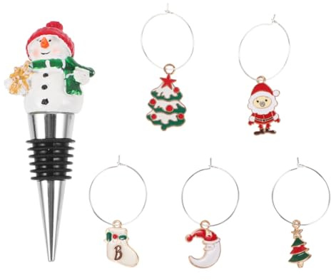 Healifty 1 Set Reusable Wine Bottle Stoppers with Cup Rings, Christmas Themed Metal Wine Stopper Kit, Includes 5 Glass Markers for Festive Gatherings, Resin and Metal