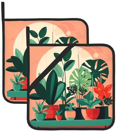 Set di presine con stampa di piante verdi in vaso da interni, presine resistenti al calore, guanti da forno da cucina per forno, barbecue e forno a microonde