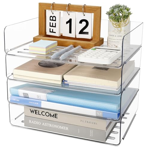 Otauoaea Lot de 4 Corbeille à Courrier Empilable en Acrylique Transparente | Bac a Courrier A4 en Plastique PET, Rangement Bureau Organisateur, Banette Bureau