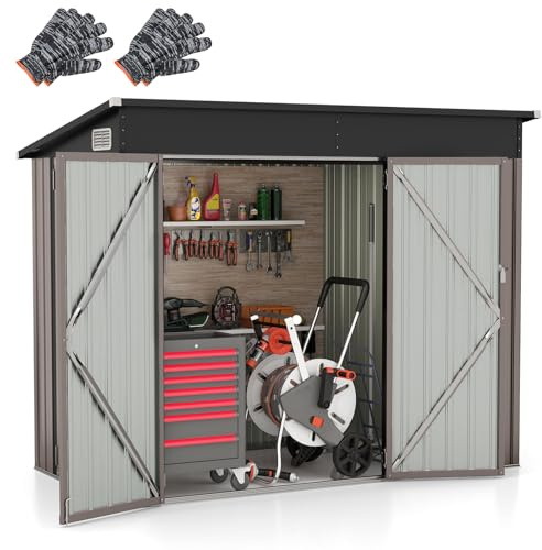 HOMASIS Gerätehaus Metall, Geräteschuppen mit Pultdach & 3 Tür & 2 Lüftungsfenster, Gartenhaus mit 2 Paar Handschuhe, Outdoor Gartenschuppen Gartenhütte Wetterfest (Warmgrau, 235x117x185cm, 2,6㎡)