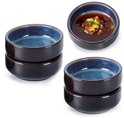 Sojasaucenschalen, 8,8 cm x 2,5 cm, 4 Stück Keramik Snackschalen, Dipschalen Set, Rund Sojasauce Schälchen, Keramik Kleine Schalen, Dipschale Schüssel, für Saucen, Dips, Gewürze, Snacks, Nuss