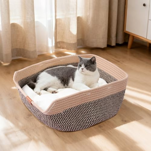FOR-HI Gemütliches Katzenbett aus geflochtener Baumwoll-Leinen-Optik,40cm,Waschbarer Katzenkorb mit Kissen,weich gepolstert,und mit hohem Rand für sicheren Schlaf(Black)