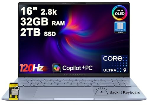 ASUS Vivobook S16 AI PC Laptop 16 2.8k OLED 120Hz (600nits, 100% DCI-P3) Intel 16-core Ultra 9 285H 32GB DDR5 2TB SSD Backlit for Designer Creator Business Professional Win11Pro ICP Hub