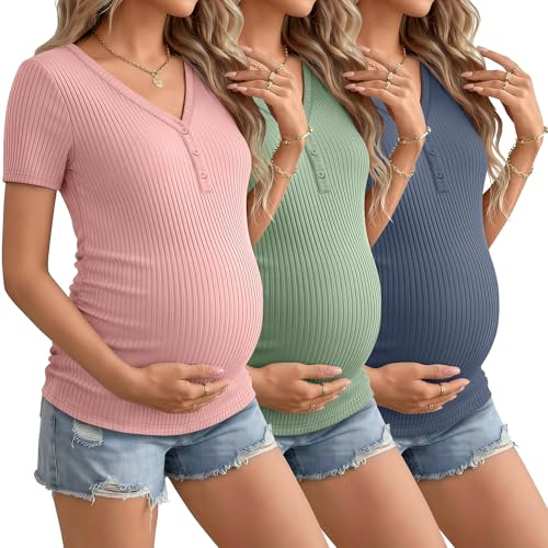 Velvelhall 3 Pack Womens Maternity Shirts Short Sleeve Cotton Ribbed V Neck Button Pregnancy Clothes Henley Side Ruched Tops(Haze Blue, Light Pink, Gray Green,Small)