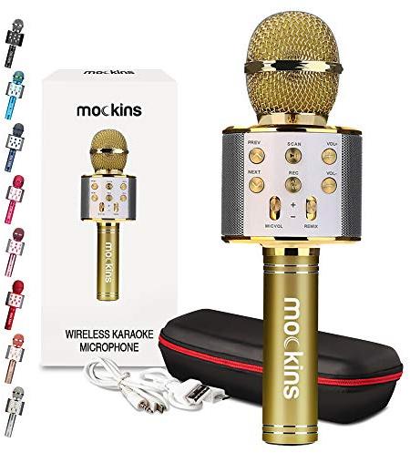 Mockins Gold Bluetooth Karaoke Microphone for Kids with Built in Bluetooth Microphone Wireless Speaker | Wireless Mic Karaoke Compatible with iPhone & Android | All-in-One Mic