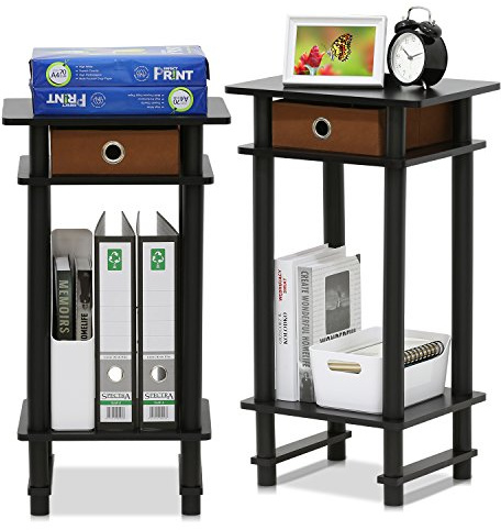 Furinno TURN-N-TUBE Side Table Set of 2, 3-Tier End Table with Storage Bin, Open Shelf Night Stand, Bedside Table, for Living Room, Bedroom, Espresso