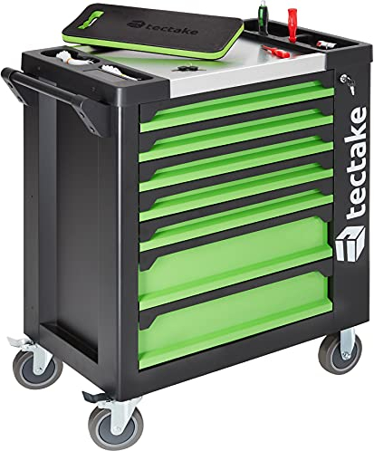 tectake® Werkzeug Wagen mit 7 Schubladen, Werkstattwagen bestückt, Werkzeugkoffer gefüllt, 1599-tlg., Tool Werkzeugwagen fahrbar, Werkzeugtrolley, Werkzeugkiste groß - schwarz-grün