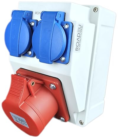 RoadEu - Prise murale combinée - Prise murale CEE 16A - 2x 230V - Distributeur de courant de chantier 16A IP44 - Intérieur et extérieur - idéal pour les ateliers, les garages et les usines