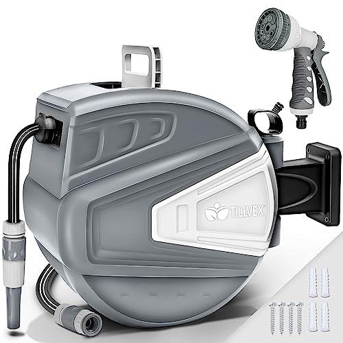 tillvex Schlauchtrommel Wasser 30+2m mit Wandhalterung + Tragegriff | Schlauchaufroller mit Handbrause und Gartenschlauch | 180° Schwenkbar | Wand-Schlauchbox mit Aufroll-Automatik | Grau