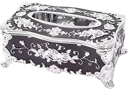 Anawakia Cosmetic Tissue Box Tissue Box Tissue Dispenser Rose Flowers Pattern Cosmetic Tissue Box European Tissue Box for Home Hotel (Black + Silver)