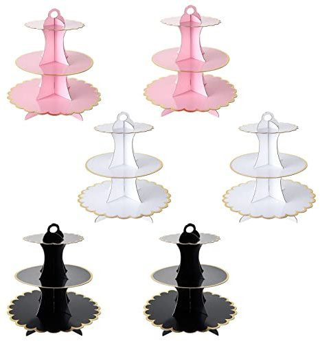 JMIATRY Paquete de 6 soportes de cartón para magdalenas de 3 niveles, 3 soportes para tartas, soportes de té de la tarde, fiesta de cumpleaños, boda y baby shower