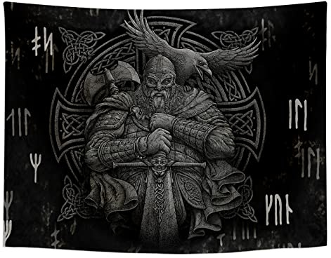 Arsey Wikinger Deko Wandteppich Nordisch Mythologie Odin Warrior Schwert Axt Rabe Kreuzknoten Tattoo Meditation Runen Wandtuch Gobelin Tapisserie Wohnzimmer Schlafzimmer Grau 150cm x 130cm