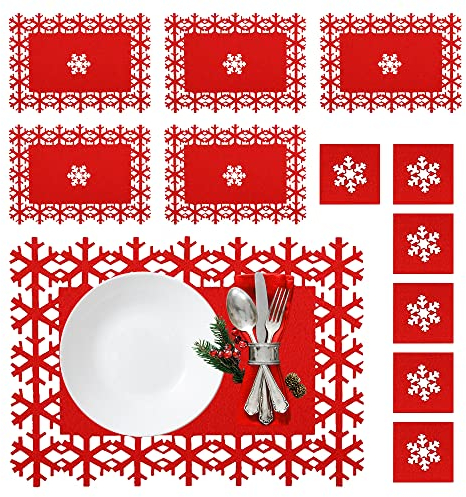FIGFYOU 6 Stück Tischsets Weihnachtlich Schneeflocke Platzset Platzdeckchen Weihnachtstischsets Weihnachtsuntersetzer Filz für Weihnachten Deko