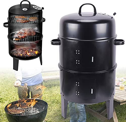 3 IN 1 BBQ Räucherofen Holzkohlegrill Barbecue Smoker mit Thermometer Räuchertonne Räuchergrill mit Deckel Smokertonne Schwarz