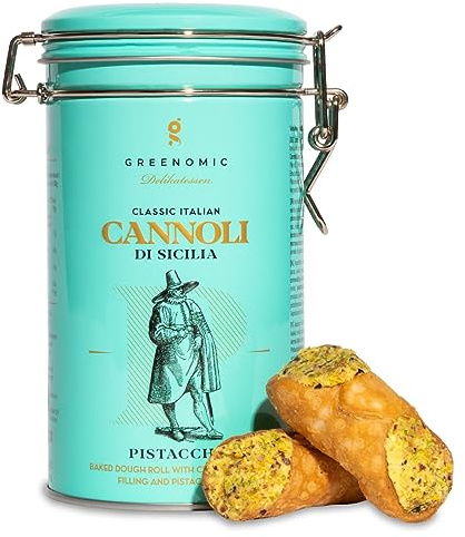 Cannoli-Siciliens | fourrés à la crème de pistache | emballés individuellement dans une boîte cadeau | biscuits originaux italo-siciliens | merveilleux avec du café ou du thé | 200g