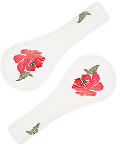 Lashuma Löffelablagen bunt Mohnblume, 2er Set Besteckablagen Keramik, Löffelhalter 27x10 cm