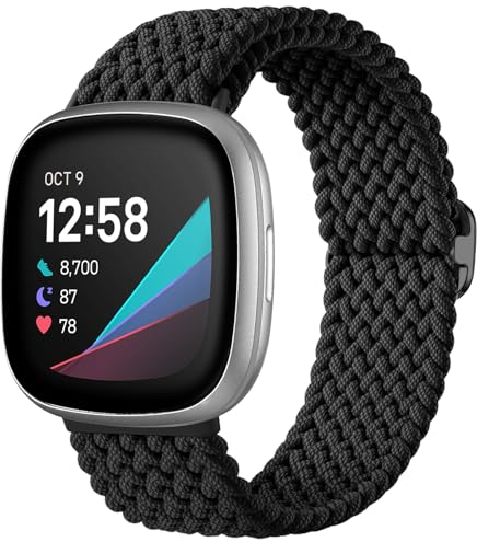 Ouwegaga Geflochtene Armband Kompatibel mit Fitbit Versa 4/Sense 2/Versa 3/Sense Armband für Herren Damen, Verstellbares Elastisch Uhrenarmband Loop Sport Ersatzarmbänder für Sense/Versa 3, Schwarz