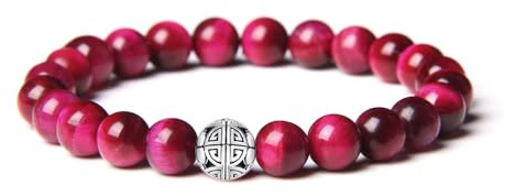 MetJakt Natural 8mm piedras preciosas Curación Crystal Stretch moldeado pulsera brazalete con plata de ley 925 doble felicidad colgante (Ojo de tigre rojo)