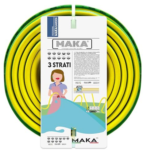 MAKA Tubo per Acqua Giardino 25 metri 5/8 Pollice 3 Strati Pressione 20 Bar Flessibile, Canna Acqua Giardino, Doppio Rinforzo Tessile Retinato Magliato Resiste a Caldo Gelo UV 4 Stagioni