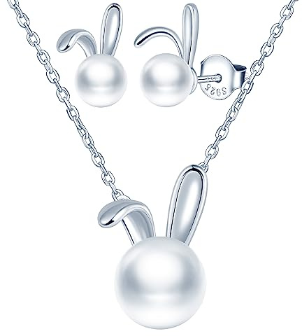 Yumilok Damen Halskette Ohrringe Damen Ohrstecker Halskette Collier Ohrstecker 925 Sterling Silber Perle Kaninchen für Damen