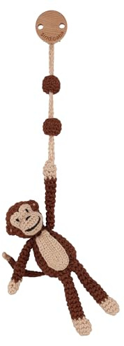 Sindibaba – Multifunktionales Hängespielzeug AFFE Charlie (28 cm, Bio, gehäkelt, mit Rassel) – Nachhaltiges Babyspielzeug mit weichem Stofftier zum Aufhängen an Kinderwagen, Spielbogen und Bettchen