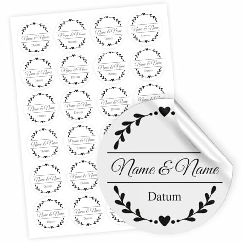 Hochzeit Aufkleber - 24 Stück Personalisierte Aufkleber mit Wunschnamen und Datum - 4,5 cm Runde Papieraufkleber Etiketten für Hochzeit, Gastgeschenke, Einladungskarte (Style 2)