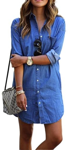 Goudyna Women's Casual Denim Shirt Dress Turndown Collar Long Sleeve Button Down Loose Jeans Dress (Blue, M)