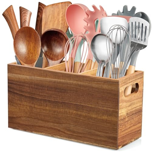 ALELION Acacia Wood Utensil Holder Organizer for Counter - Large Wooden Utensil Caddy for Countertop - 3 Compartment Cooking Tool Holder for Spatula - for Farmhouse Kitchen Decor and Accessories