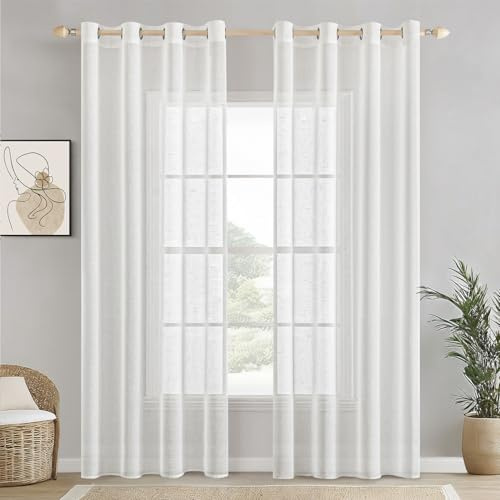 EMEMA Voile Vorhang Sheer Leinenvorhang Transparente Leinen Gardinen Ösenschal Wohnzimmer Wohnzimmer Modern 2er Set Fensterschal Dekoschal Schlafzimmer mit Ösen 140 x 245cm (B x H) Weiß