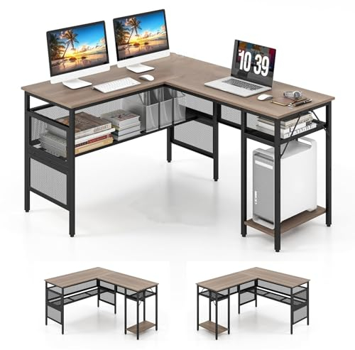 GYMAX L-förmiger Computertisch, großer Eck-Schreibtisch mit Verstellbarer Ablage & CPU-Ständer, Moderne Arbeitstisch für Büro & Zuhause