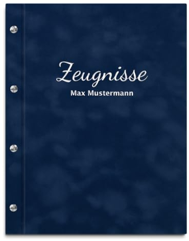 Handgefertigte Zeugnismappe mit eigenem Namen in blauer Samtoptik – inkl. 12 Sichthüllen – Mappe für Zeugnisse und Urkunden