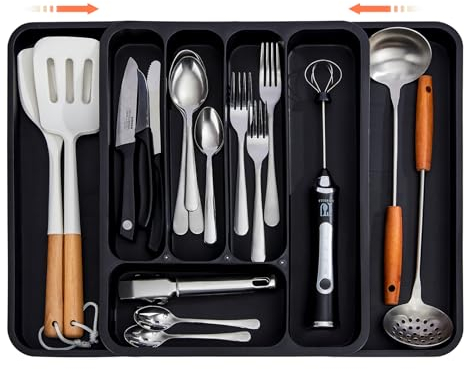 Gymdin Range Couverts, Organisateur tiroir cuisine extensible et réglable pour tiroirs de cuisine, Support de Rangement en Plastique pour Couverts, Cuillères Fourchettes, Cutlery Storage