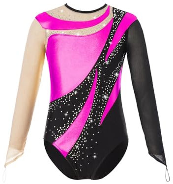 XIUsheUA Turnanzug Mädchen Kurzarm Mädchen Gymnastik Overall Tanzbekleidung Langarm Ballett Tanz Trikot Glänzend Eiskunstlauf Kostüm Übung Yoga Body(Dark Pink,12Y)