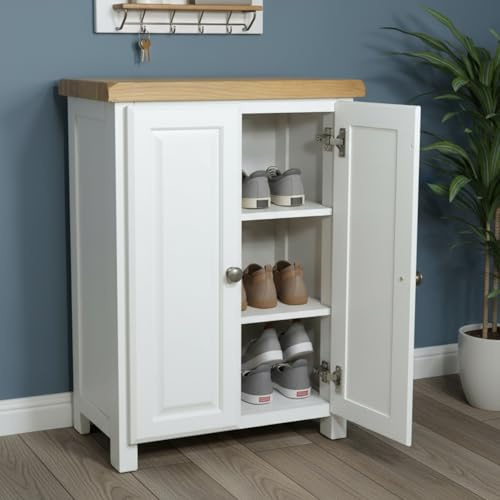 GROF GROFurniture White Shoe Storage Cabinet Painted, Ready-Assembled Hallway Organizer with Oak Top & Adjustable Shelves | Wooden Entryway Cabinet for Shoes | Modern Farmhouse Style