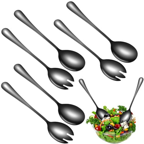 6 Stück Salatbesteck Edelstahl Vorlegebesteck, Schwerlast Salatbesteck Schwarz Hochglanzpoliert Salatlöffel, 20cm Servierlöffel Edelstahl, Salat Besteck Set für Familie, Hotels, Restaurants