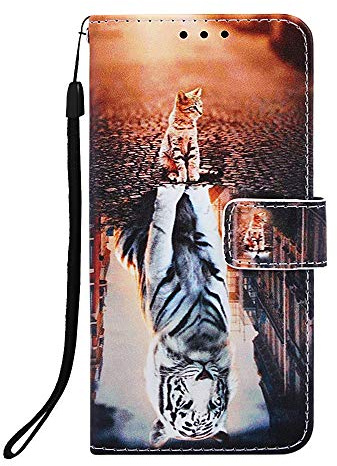 Hülle für iPhone 16 Pro Max, Premium Leder Flip Handyhülle Handytasche Schutzhülle Etui Tasche Case mit [Kartenfach] [Standfunktion] [Magnetverschluss] für iPhone 16 Pro Max Katze & Tiger