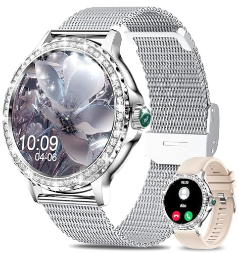 Fitoncloud Smart Watches for Women Diamonds (Answer/Make Call),1.3'' Touchscreen Smartwatch with Heart Rate/SpO2/Sleep Monitor,120+ Sport Modes,IP68 Ladies Smart Watch for iOS Android Phone,Sliver